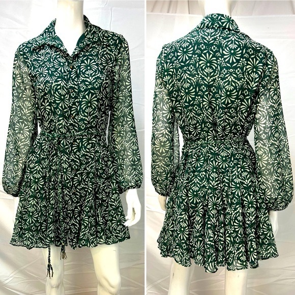 Zara Dresses & Skirts - Zara green floral belted long sleeve mini dress maroon full skirt